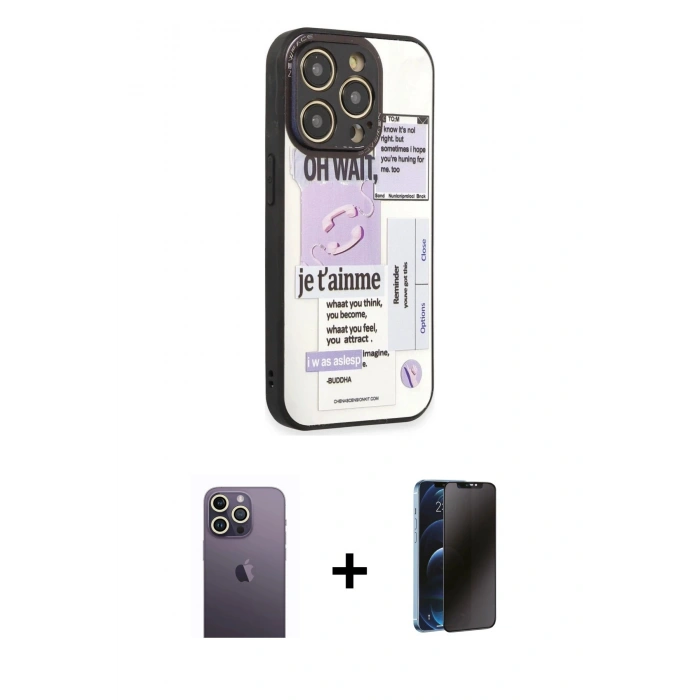 MARSİLYAN™- iPhone 12 Pro Max Kılıf Odak Klasik Serisi - Siyah 3D Antistatik Hayalet Cam Ekran Koruyucu + Neon Fosforlu Kamera Lens - BZ