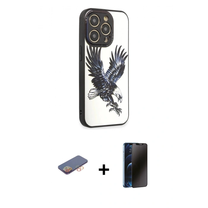 MARSİLYAN™- iPhone 12 Pro Max Kılıf Odak Klasik Serisi - Siyah 3D Antistatik Hayalet Cam Ekran Koruyucu + Renkli Kamera Lens Koruma Cam - TU