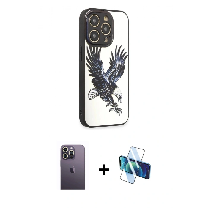 MARSİLYAN™- iPhone 12 Pro Max Kılıf Odak Klasik Serisi - Siyah 3D Antistatik Seramik Nano Ekran Koruyucu + Neon Fosforlu Kamera Lens - BZ