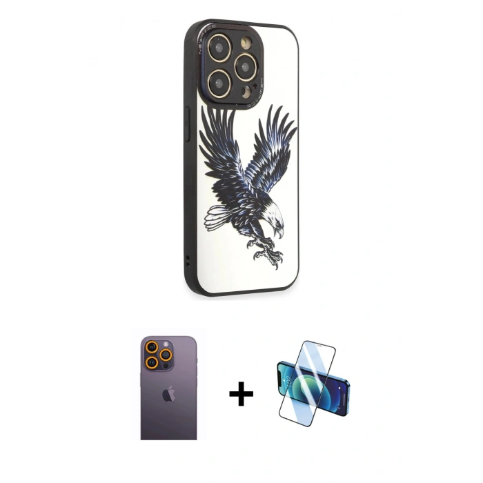 MARSİLYAN™- iPhone 12 Pro Max Kılıf Odak Klasik Serisi - Siyah 3D Antistatik Seramik Nano Ekran Koruyucu + Neon Fosforlu Kamera Lens - SI