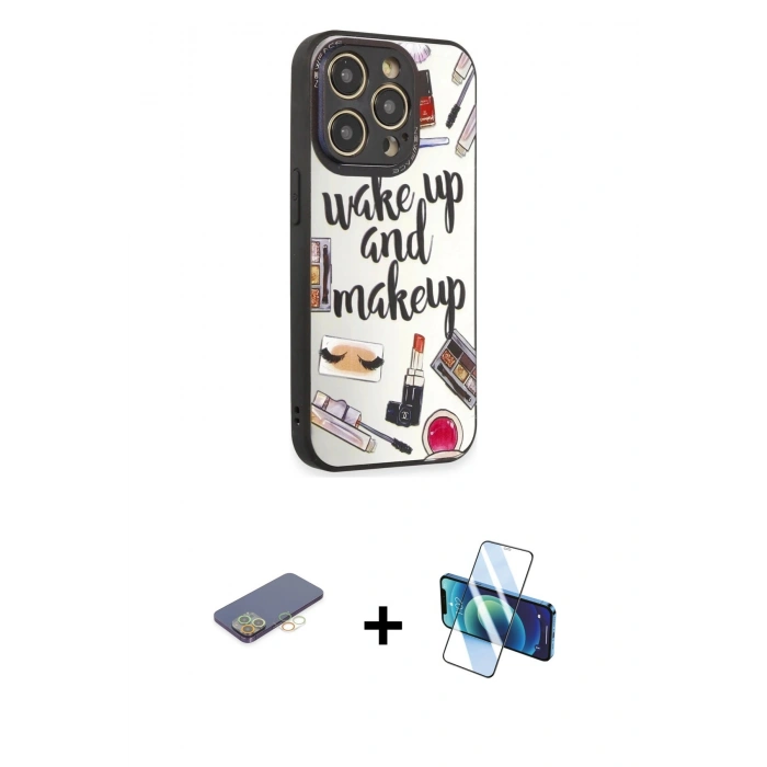 MARSİLYAN™- iPhone 12 Pro Max Kılıf Odak Klasik Serisi - Siyah 3D Antistatik Seramik Nano Ekran Koruyucu + Renkli Kamera Lens Koruma Cam - SI