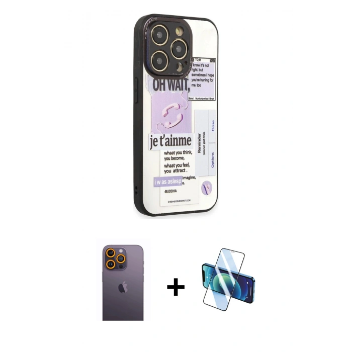 MARSİLYAN™- iPhone 12 Pro Max Kılıf Odak Klasik Serisi - Siyah 3D Antistatik Seramik Nano Ekran Koruyucu + Neon Fosforlu Kamera Lens - SI
