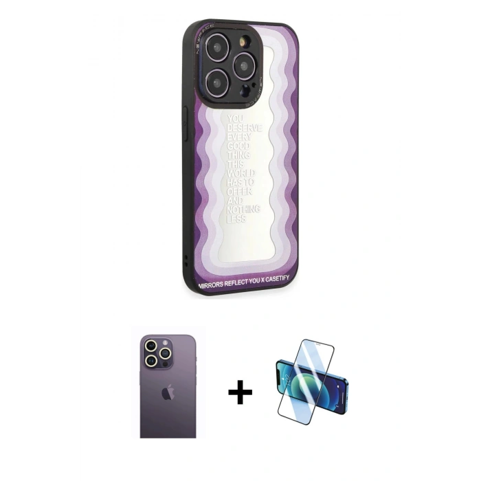MARSİLYAN™- iPhone 12 Pro Max Kılıf Odak Klasik Serisi - Siyah 3D Antistatik Seramik Nano Ekran Koruyucu + Neon Fosforlu Kamera Lens - BZ