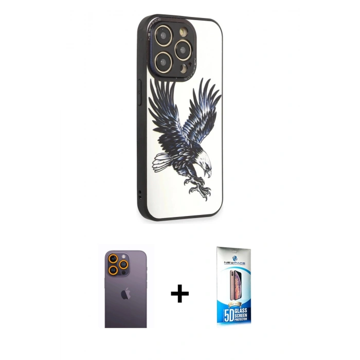 MARSİLYAN™- iPhone 12 Pro Max Kılıf Odak Klasik Serisi - Siyah 5D Eko Cam Ekran Koruyucu + Neon Fosforlu Kamera Lens - SI