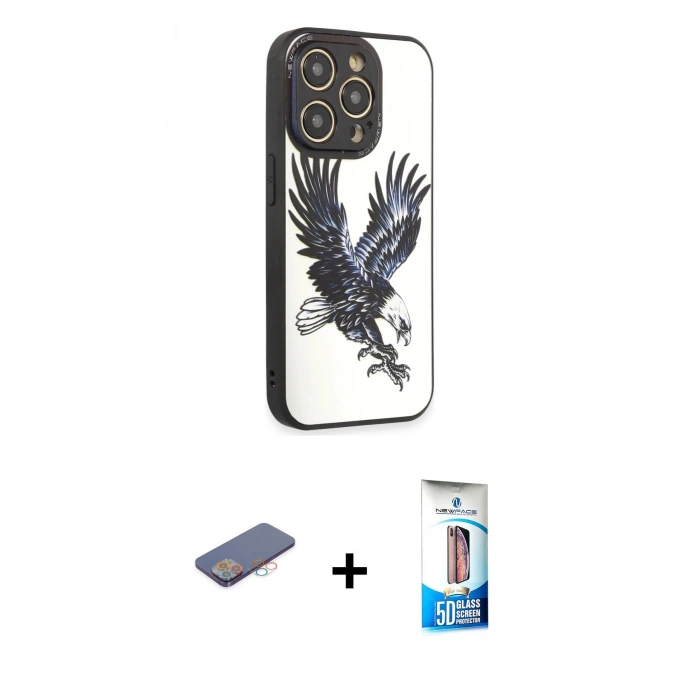 MARSİLYAN™- iPhone 12 Pro Max Kılıf Odak Klasik Serisi - Siyah 5D Eko Cam Ekran Koruyucu + Renkli Kamera Lens Koruma Cam - PE