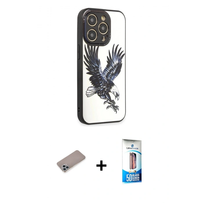 MARSİLYAN™- iPhone 12 Pro Max Kılıf Odak Klasik Serisi - Siyah 5D Eko Cam Ekran Koruyucu + Sierra Blue Shine Kamera Lens Koruma Cam