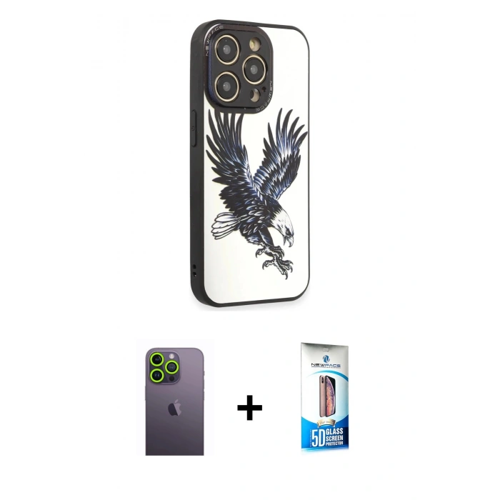 MARSİLYAN™- iPhone 12 Pro Max Kılıf Odak Klasik Serisi - Siyah 5D Eko Cam Ekran Koruyucu + Neon Fosforlu Kamera Lens - YL