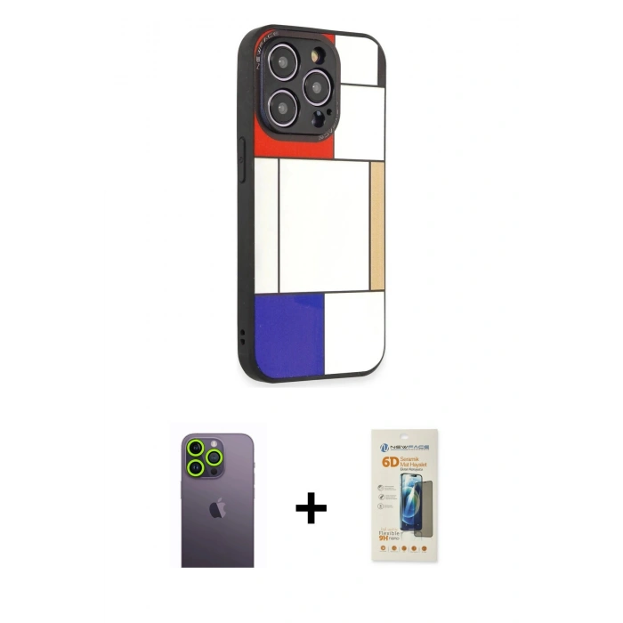MARSİLYAN™- iPhone 12 Pro Max Kılıf Odak Klasik Serisi - Siyah 6D Mat Seramik Hayalet Nano Ekran Koruyucu + Yeşil Neon Fosforlu Kamera Lens