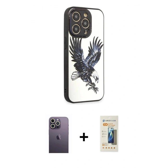 MARSİLYAN™- iPhone 12 Pro Max Kılıf Odak Klasik Serisi - Siyah 6D Mat Seramik Hayalet Nano Ekran Koruyucu + Neon Fosforlu Kamera Lens - BZ