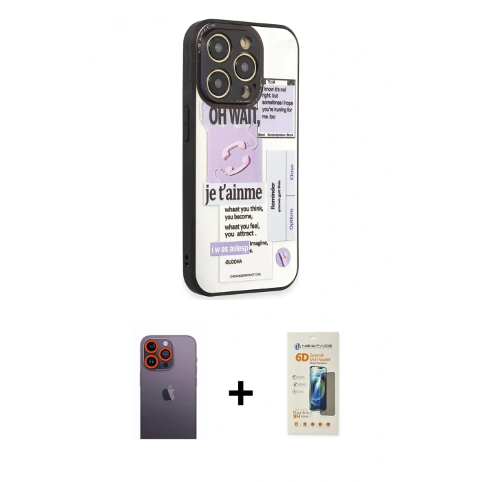 MARSİLYAN™- iPhone 12 Pro Max Kılıf Odak Klasik Serisi - Siyah 6D Mat Seramik Hayalet Nano Ekran Koruyucu + Neon Fosforlu Kamera Lens - TU