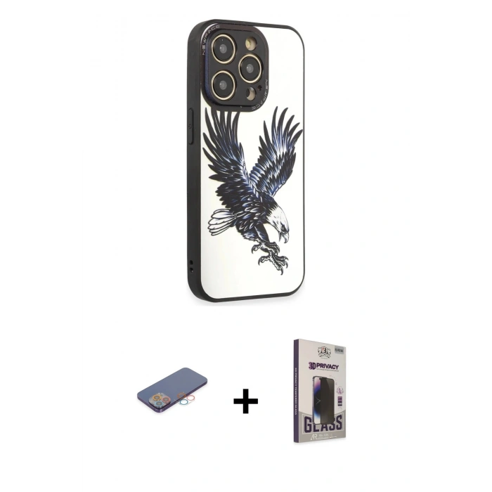 MARSİLYAN™- iPhone 12 Pro Max Kılıf Odak Klasik Serisi - Siyah Bilvis Hayalet Cam Ekran Koruyucu + Renkli Kamera Lens Koruma Cam - PE