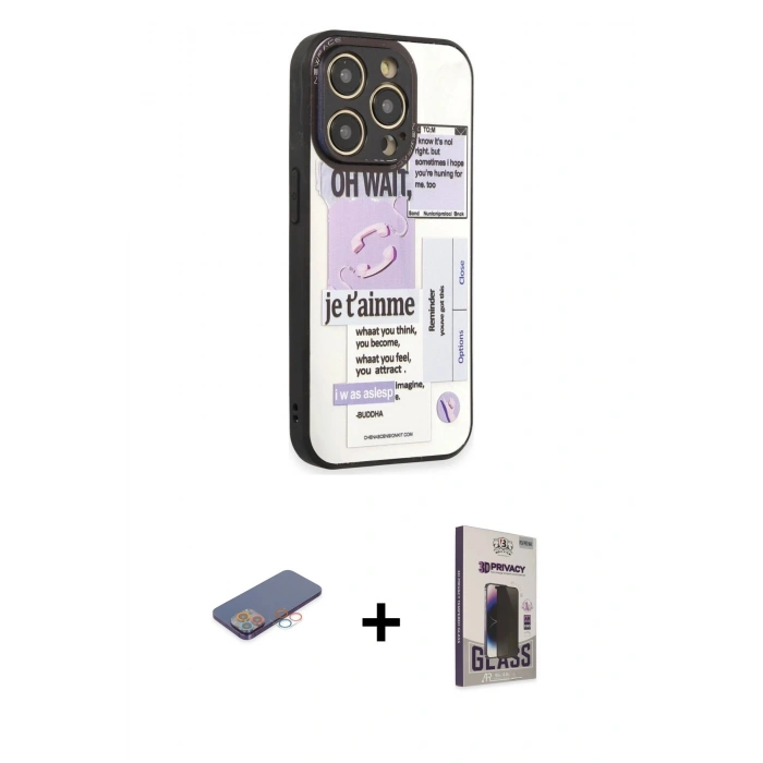 MARSİLYAN™- iPhone 12 Pro Max Kılıf Odak Klasik Serisi - Siyah Bilvis Hayalet Cam Ekran Koruyucu + Renkli Kamera Lens Koruma Cam - PE