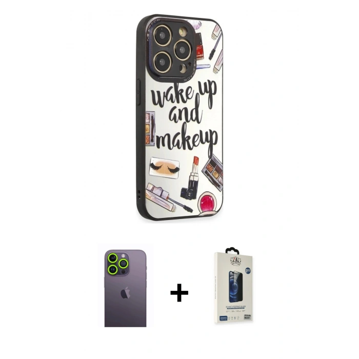 MARSİLYAN™- iPhone 12 Pro Max Kılıf Odak Klasik Serisi - Siyah Bilvis Hayalet Cam Ekran Koruyucu + Neon Fosforlu Kamera Lens - YL