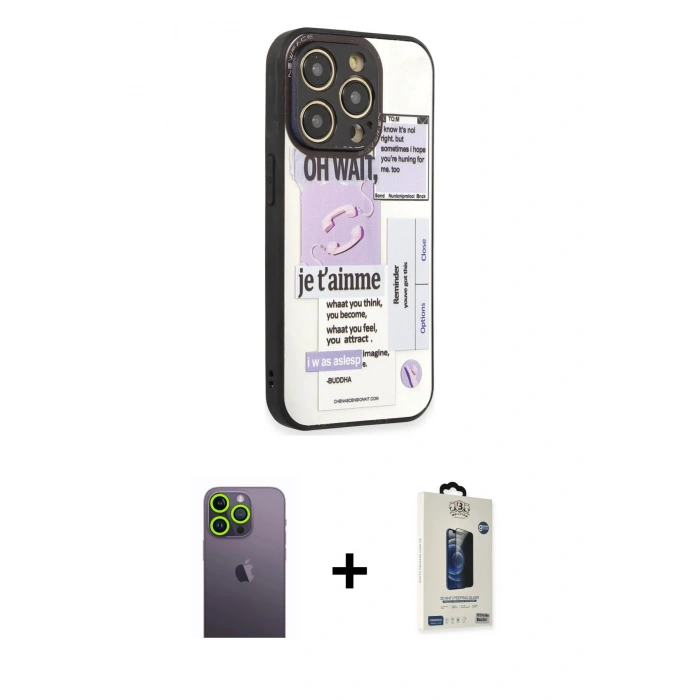 MARSİLYAN™- iPhone 12 Pro Max Kılıf Odak Klasik Serisi - Siyah Bilvis Hayalet Cam Ekran Koruyucu + Neon Fosforlu Kamera Lens - YL