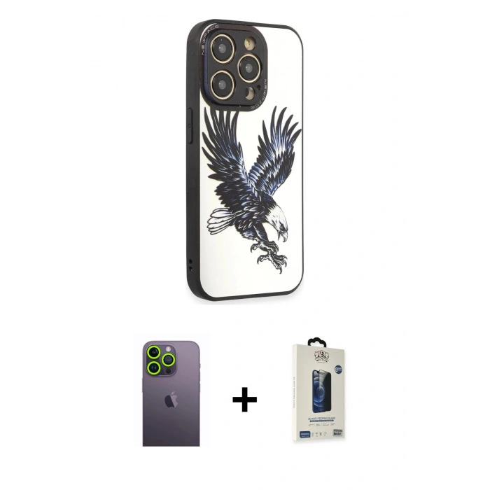 MARSİLYAN™- iPhone 12 Pro Max Kılıf Odak Klasik Serisi - Siyah Bilvis Hayalet Cam Ekran Koruyucu + Neon Fosforlu Kamera Lens - YL