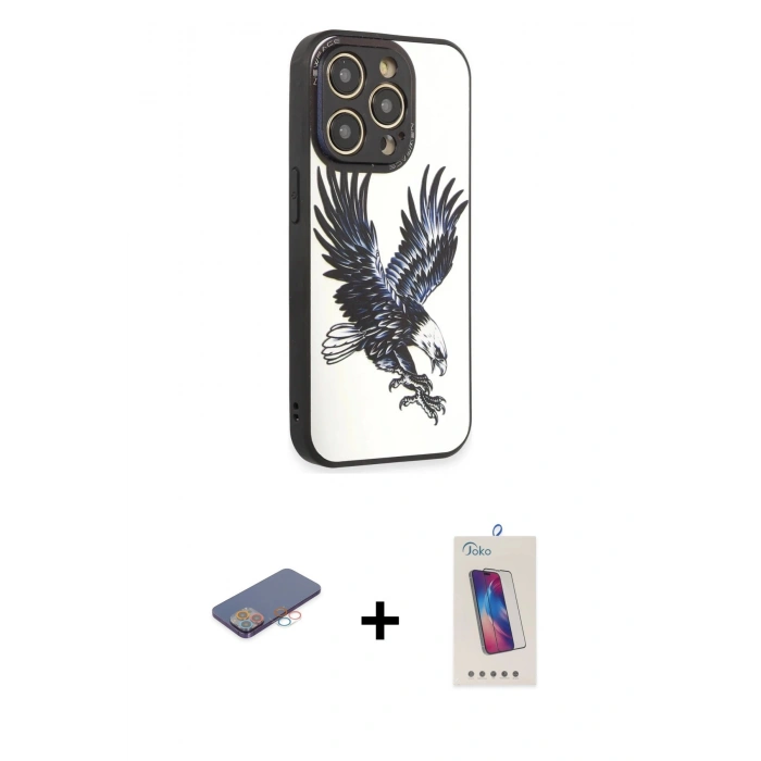 MARSİLYAN™- iPhone 12 Pro Max Kılıf Odak Klasik Serisi - Siyah Joko 5D Cam + Renkli Kamera Lens Koruma Cam - PE