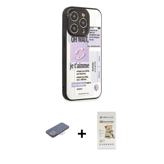 MARSİLYAN™- iPhone 12 Pro Max Kılıf Odak Klasik Serisi - Siyah Mat Seramik Nano Ekran Koruyucu + Renkli Kamera Lens Koruma Cam - PE