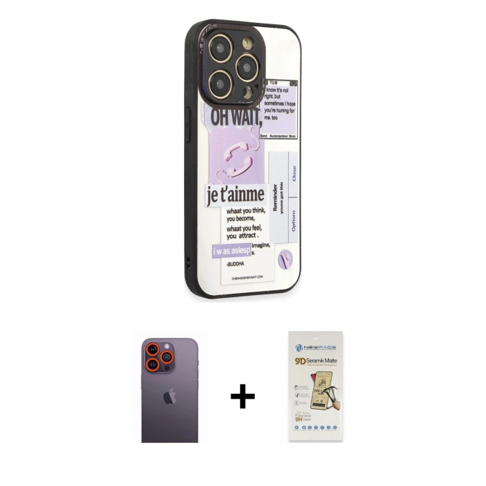MARSİLYAN™- iPhone 12 Pro Max Kılıf Odak Klasik Serisi - Siyah Mat Seramik Nano Ekran Koruyucu + Neon Fosforlu Kamera Lens - TU