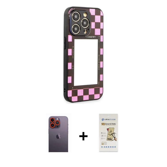 MARSİLYAN™- iPhone 12 Pro Max Kılıf Odak Klasik Serisi - Siyah Mat Seramik Nano Ekran Koruyucu + Neon Fosforlu Kamera Lens - TU