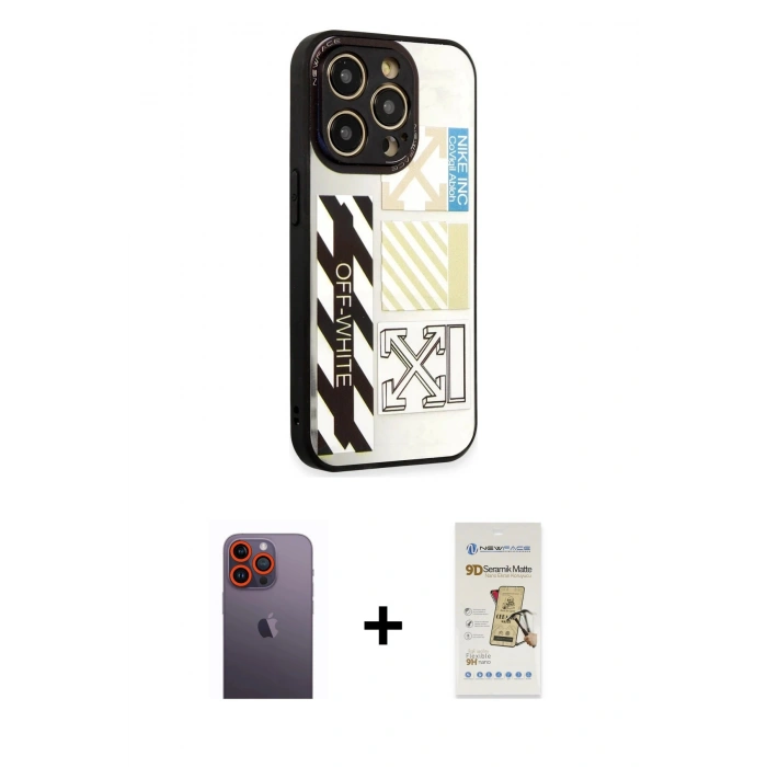 MARSİLYAN™- iPhone 12 Pro Max Kılıf Odak Klasik Serisi - Siyah Mat Seramik Nano Ekran Koruyucu + Neon Fosforlu Kamera Lens - TU