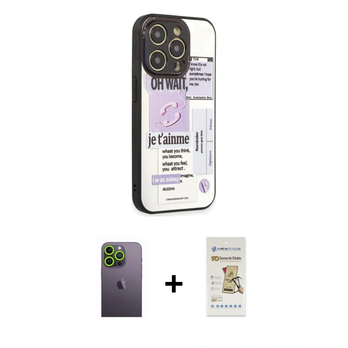 MARSİLYAN™- iPhone 12 Pro Max Kılıf Odak Klasik Serisi - Siyah Mat Seramik Nano Ekran Koruyucu + Neon Fosforlu Kamera Lens - YL
