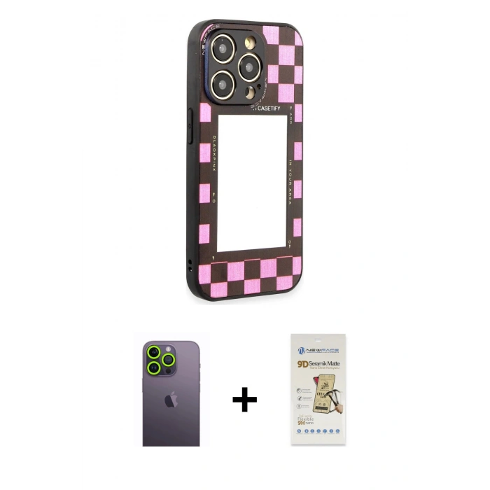 MARSİLYAN™- iPhone 12 Pro Max Kılıf Odak Klasik Serisi - Siyah Mat Seramik Nano Ekran Koruyucu + Neon Fosforlu Kamera Lens - YL
