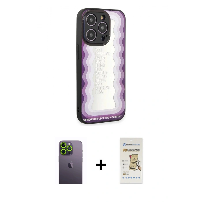 MARSİLYAN™- iPhone 12 Pro Max Kılıf Odak Klasik Serisi - Siyah Mat Seramik Nano Ekran Koruyucu + Neon Fosforlu Kamera Lens - YL