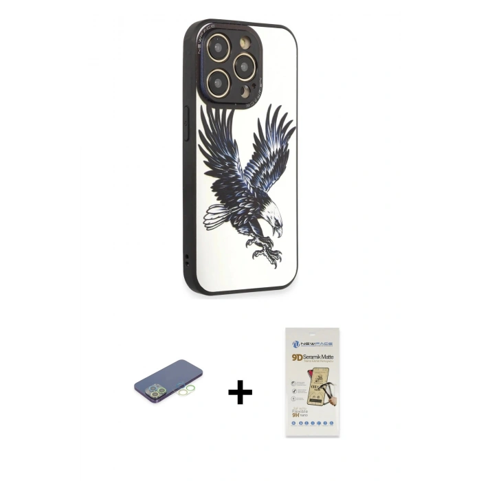 MARSİLYAN™- iPhone 12 Pro Max Kılıf Odak Klasik Serisi - Siyah Mat Seramik Nano Ekran Koruyucu + Renkli Kamera Lens Koruma Cam - YL