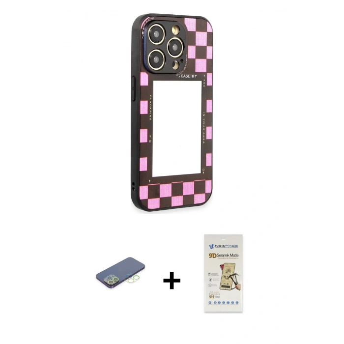 MARSİLYAN™- iPhone 12 Pro Max Kılıf Odak Klasik Serisi - Siyah Mat Seramik Nano Ekran Koruyucu + Renkli Kamera Lens Koruma Cam - YL