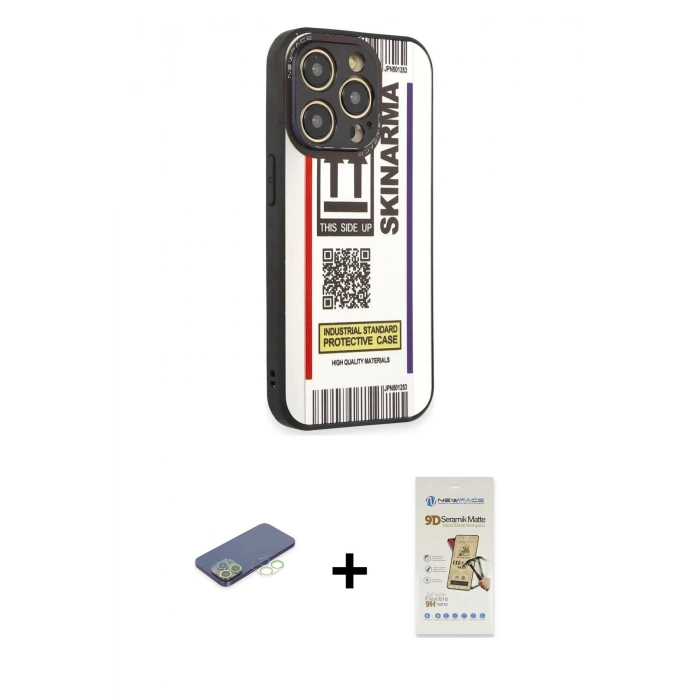 MARSİLYAN™- iPhone 12 Pro Max Kılıf Odak Klasik Serisi - Siyah Mat Seramik Nano Ekran Koruyucu + Renkli Kamera Lens Koruma Cam - YL