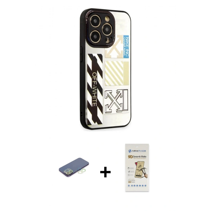 MARSİLYAN™- iPhone 12 Pro Max Kılıf Odak Klasik Serisi - Siyah Mat Seramik Nano Ekran Koruyucu + Renkli Kamera Lens Koruma Cam - YL