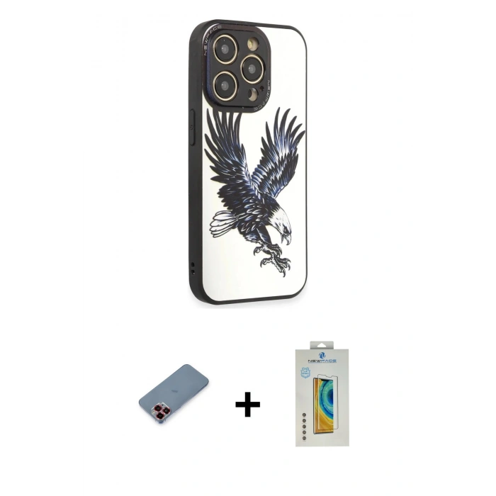MARSİLYAN™- iPhone 12 Pro Max Kılıf Odak Klasik Serisi - Siyah Polymer Nano Ekran Koruyucu + Kırmızı Metal Kamera Lens Koruma Cam