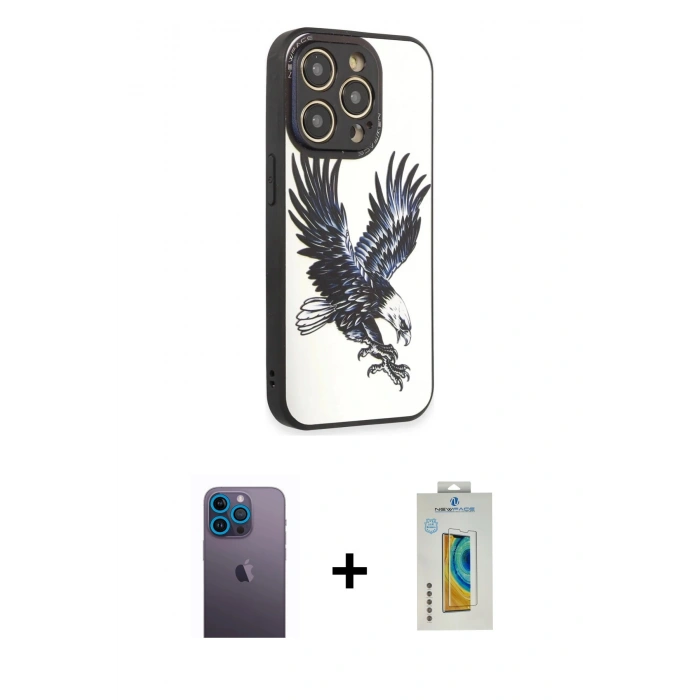 MARSİLYAN™- iPhone 12 Pro Max Kılıf Odak Klasik Serisi - Siyah Polymer Nano Ekran Koruyucu + Mavi Neon Fosforlu Kamera Lens