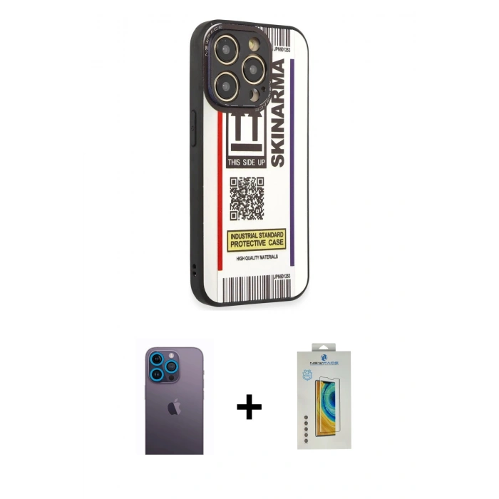 MARSİLYAN™- iPhone 12 Pro Max Kılıf Odak Klasik Serisi - Siyah Polymer Nano Ekran Koruyucu + Mavi Neon Fosforlu Kamera Lens