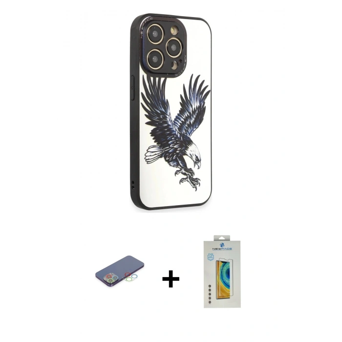 MARSİLYAN™- iPhone 12 Pro Max Kılıf Odak Klasik Serisi - Siyah Polymer Nano Ekran Koruyucu + Mavi Renkli Kamera Lens Koruma Cam