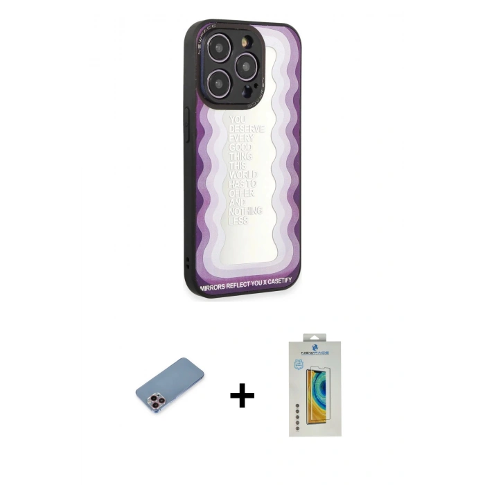 MARSİLYAN™- iPhone 12 Pro Max Kılıf Odak Klasik Serisi - Siyah Polymer Nano Ekran Koruyucu + Pembe Shine Kamera Lens Koruma Cam