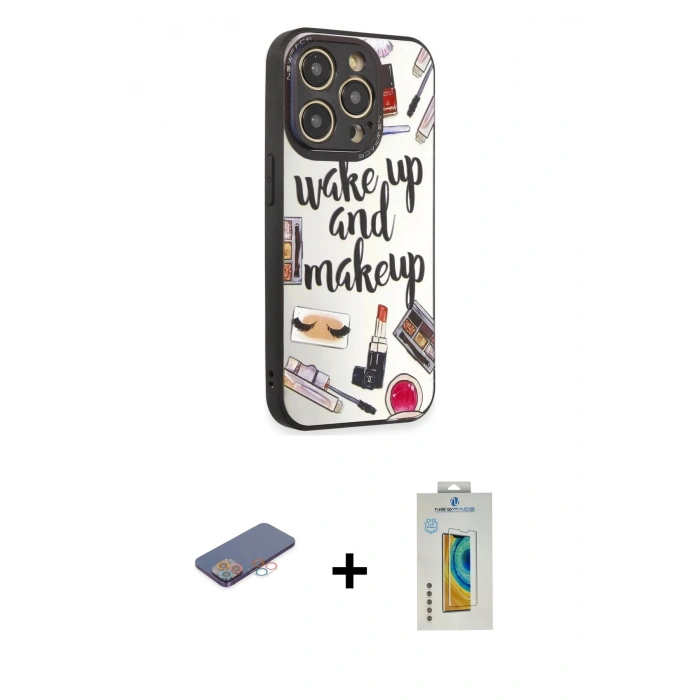MARSİLYAN™- iPhone 12 Pro Max Kılıf Odak Klasik Serisi - Siyah Polymer Nano Ekran Koruyucu + Renkli Kamera Lens Koruma Cam - PE