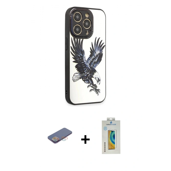 MARSİLYAN™- iPhone 12 Pro Max Kılıf Odak Klasik Serisi - Siyah Polymer Nano Ekran Koruyucu + Renkli Kamera Lens Koruma Cam - PE