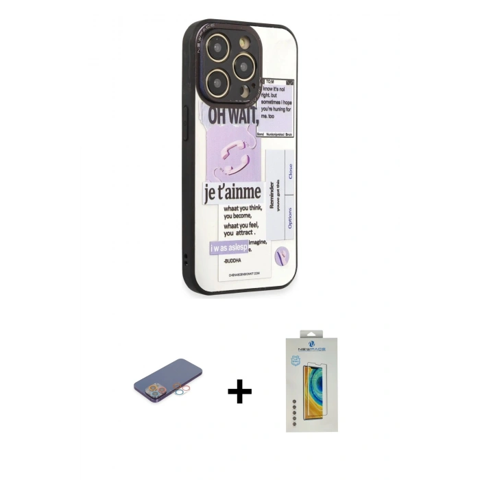 MARSİLYAN™- iPhone 12 Pro Max Kılıf Odak Klasik Serisi - Siyah Polymer Nano Ekran Koruyucu + Renkli Kamera Lens Koruma Cam - PE