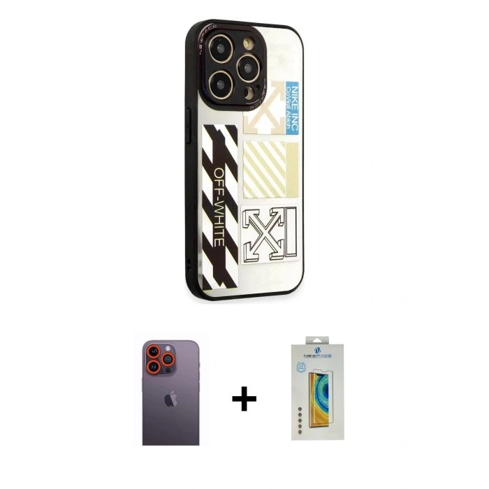 MARSİLYAN™- iPhone 12 Pro Max Kılıf Odak Klasik Serisi - Siyah Polymer Nano Ekran Koruyucu + Turuncu Neon Fosforlu Kamera Lens