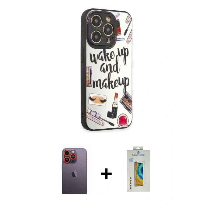 MARSİLYAN™- iPhone 12 Pro Max Kılıf Odak Klasik Serisi - Siyah Polymer Nano Ekran Koruyucu + Turuncu Neon Fosforlu Kamera Lens