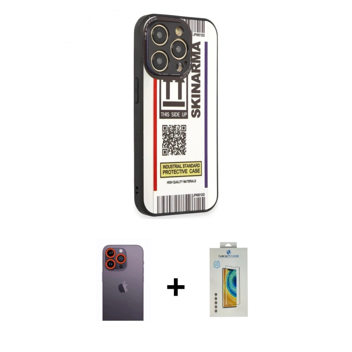 MARSİLYAN™- iPhone 12 Pro Max Kılıf Odak Klasik Serisi - Siyah Polymer Nano Ekran Koruyucu + Turuncu Neon Fosforlu Kamera Lens