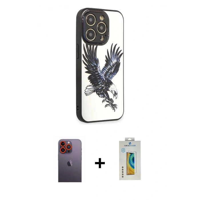 MARSİLYAN™- iPhone 12 Pro Max Kılıf Odak Klasik Serisi - Siyah Polymer Nano Ekran Koruyucu + Turuncu Neon Fosforlu Kamera Lens