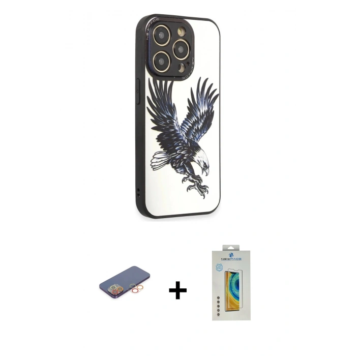 MARSİLYAN™- iPhone 12 Pro Max Kılıf Odak Klasik Serisi - Siyah Polymer Nano Ekran Koruyucu + Renkli Kamera Lens Koruma Cam - TU