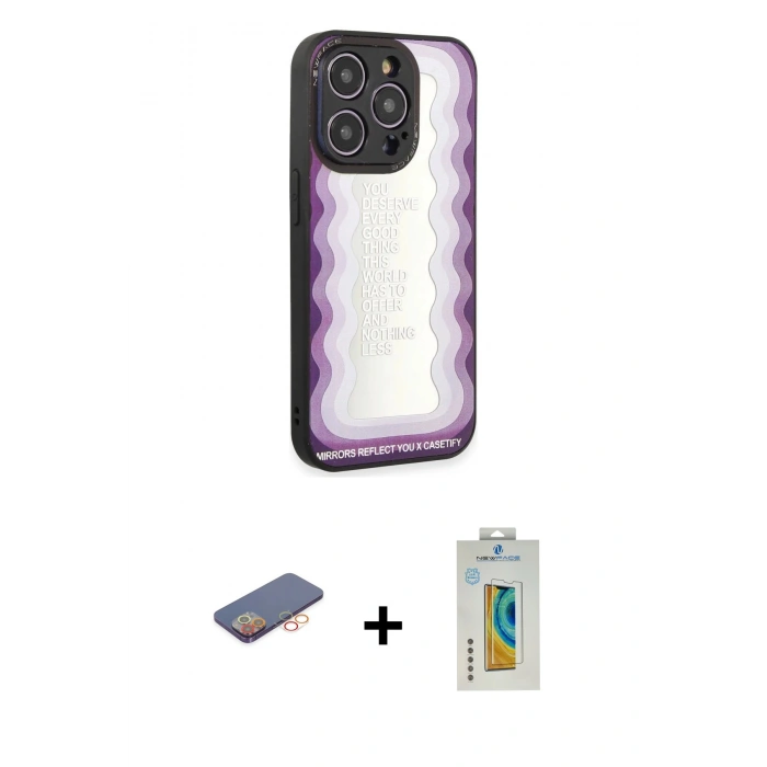 MARSİLYAN™- iPhone 12 Pro Max Kılıf Odak Klasik Serisi - Siyah Polymer Nano Ekran Koruyucu + Renkli Kamera Lens Koruma Cam - TU
