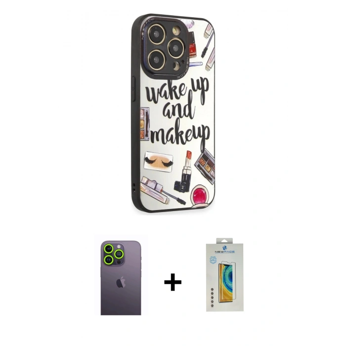 MARSİLYAN™- iPhone 12 Pro Max Kılıf Odak Klasik Serisi - Siyah Polymer Nano Ekran Koruyucu + Yeşil Neon Fosforlu Kamera Lens
