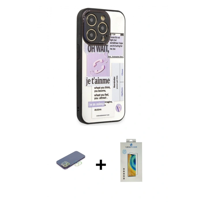 MARSİLYAN™- iPhone 12 Pro Max Kılıf Odak Klasik Serisi - Siyah Polymer Nano Ekran Koruyucu + Renkli Kamera Lens Koruma Cam - YL