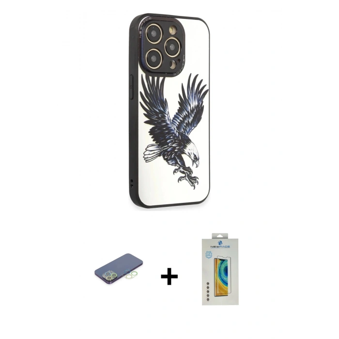 MARSİLYAN™- iPhone 12 Pro Max Kılıf Odak Klasik Serisi - Siyah Polymer Nano Ekran Koruyucu + Renkli Kamera Lens Koruma Cam - YL
