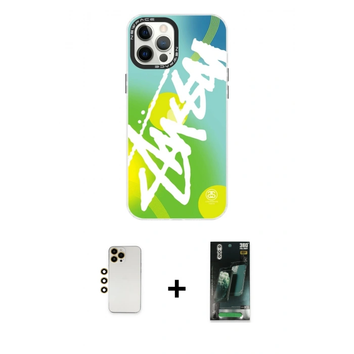 MARSİLYAN™- iPhone 12 Pro Max Kılıf Siluet Çizgi Koleksiyonu - Şeffaf 360 Full Body Arka Koruyucu + Gold Shine Kamera Lens
