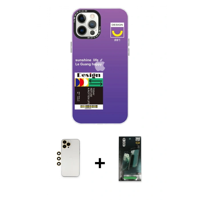 MARSİLYAN™- iPhone 12 Pro Max Kılıf Siluet Çizgi Koleksiyonu - Şeffaf 360 Full Body Arka Koruyucu + Gold Shine Kamera Lens